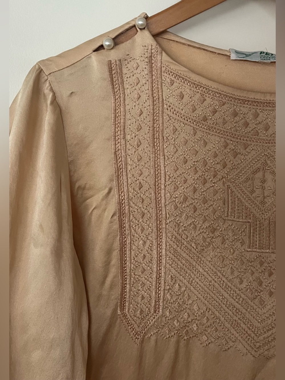 Italian Silk Embroidered Top with Pearl Buttons